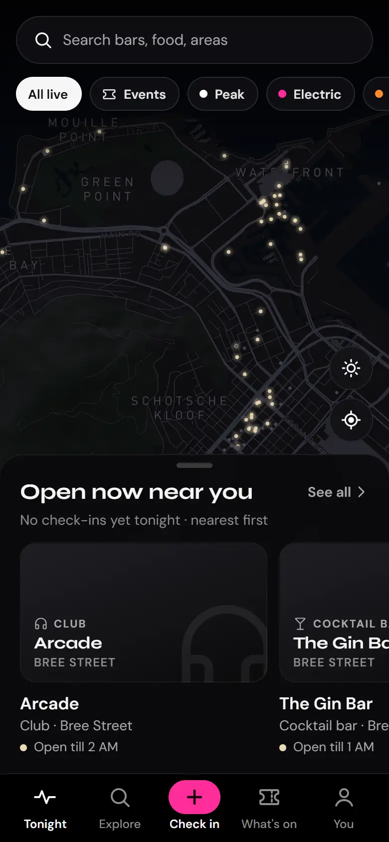 The PULSE map of Cape Town at night, with open venues lit up and the venues open near you