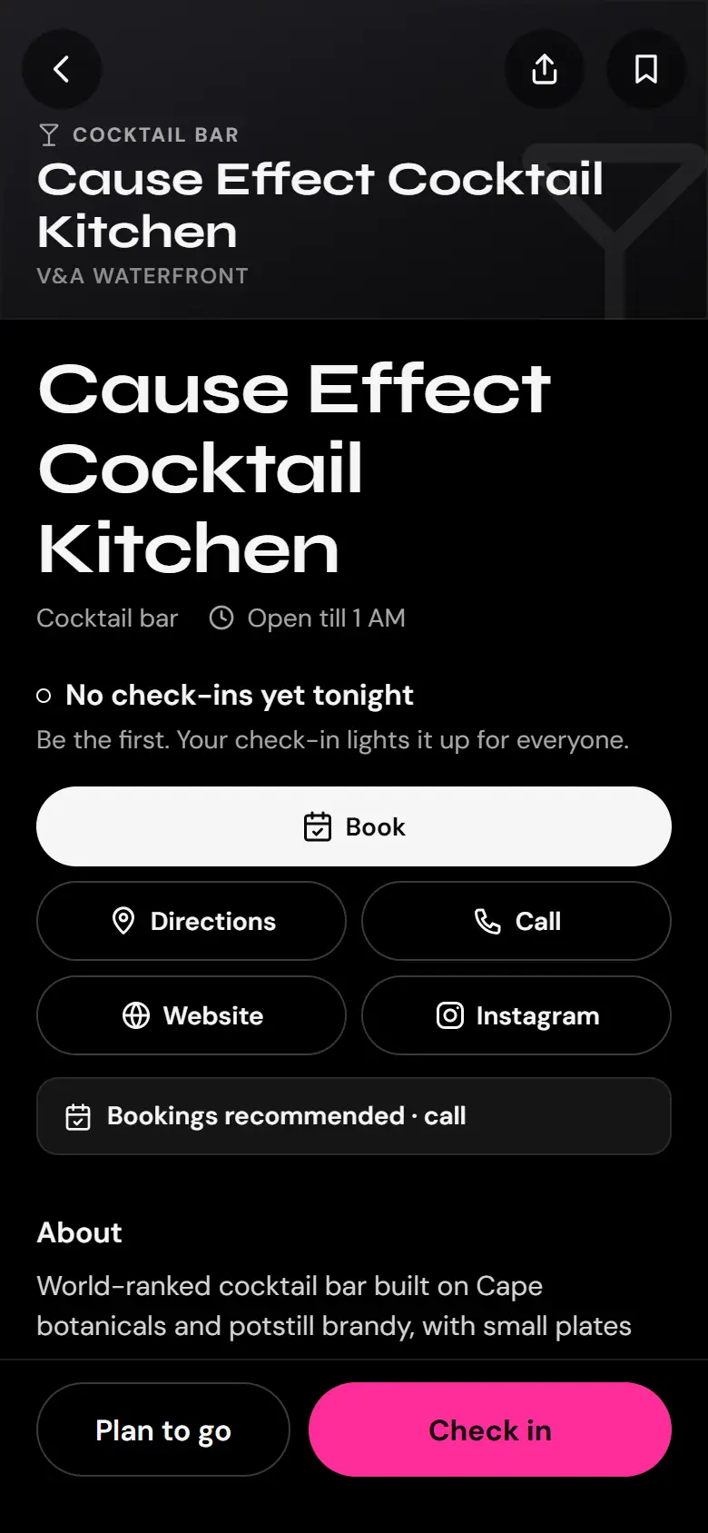 A PULSE venue page: Cause Effect Cocktail Kitchen, open till 1 AM, with Book, Directions, Call, Website, Instagram and Check in